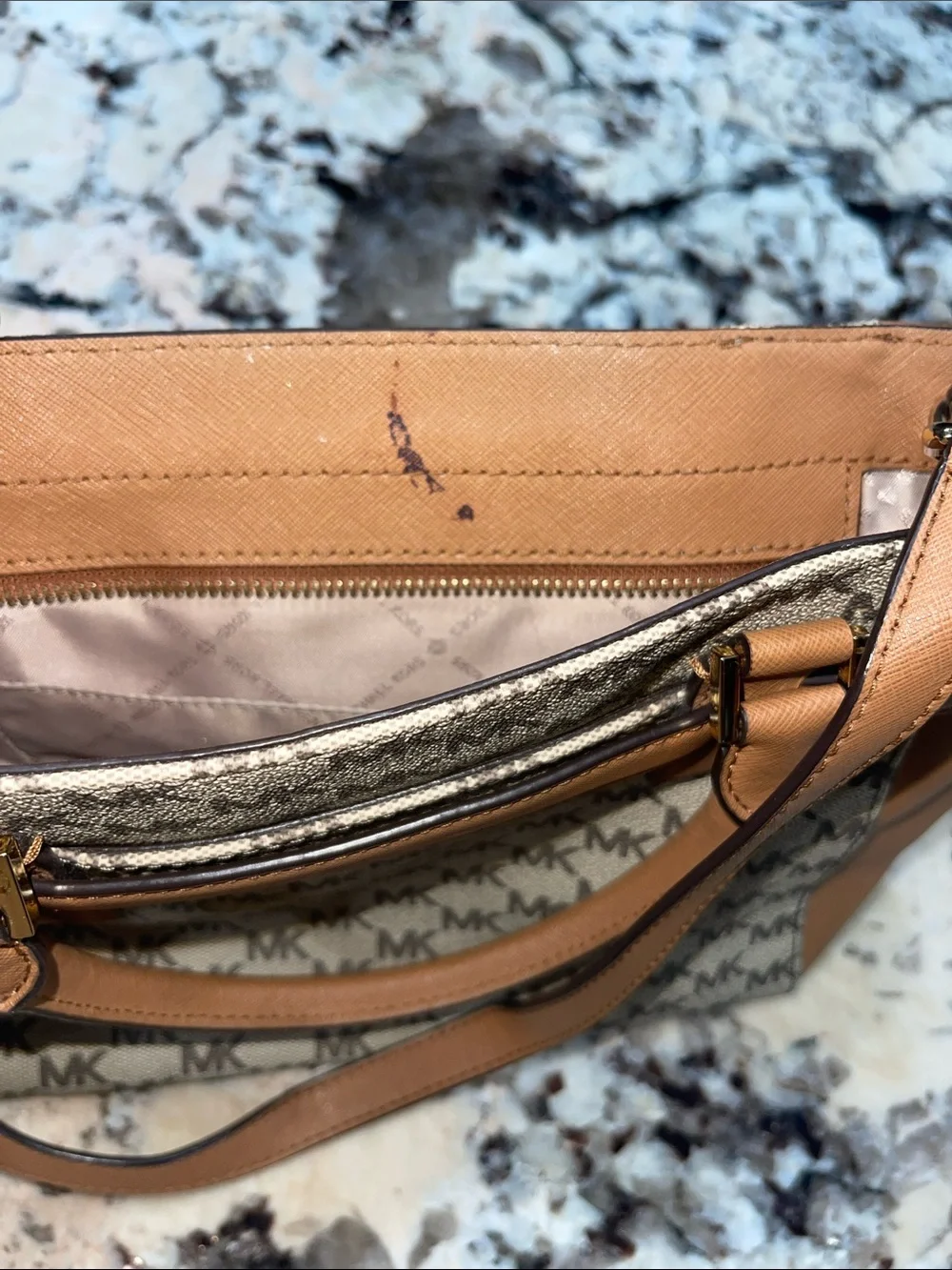 Michael Kors Beige MK Logo Satchel with Tan Trim and Gold Hardware